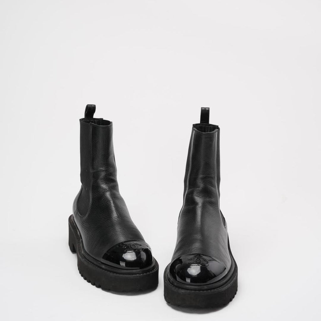 Chanel Black Crumpled Cap Toe Short Boots 38