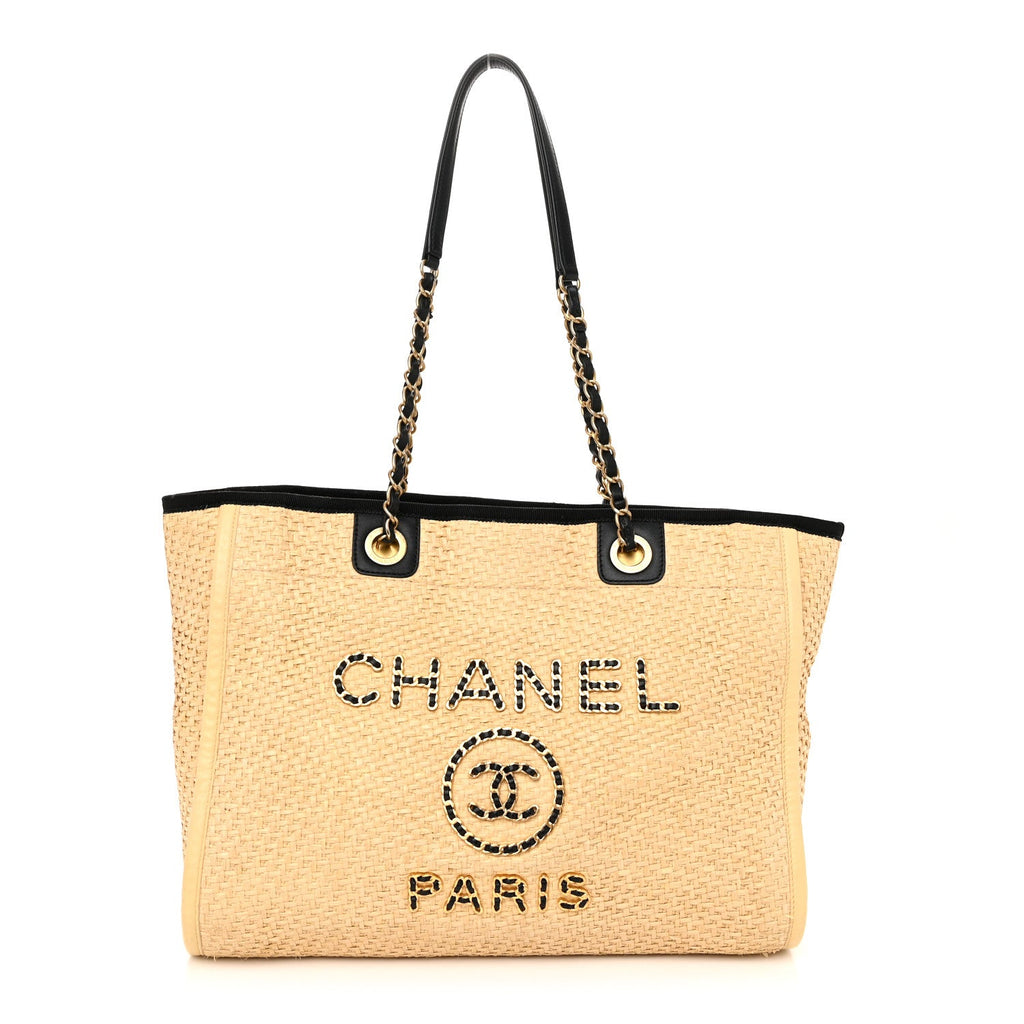 Straw Raffia Calfskin Chain Small Deauville Tote Beige Black