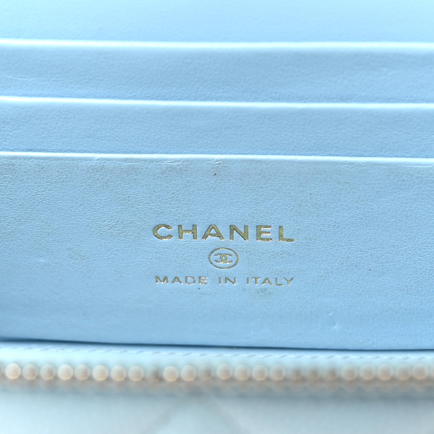 Caviar Quilted Small Tiny CC Vanity Case With Chain Light Blue