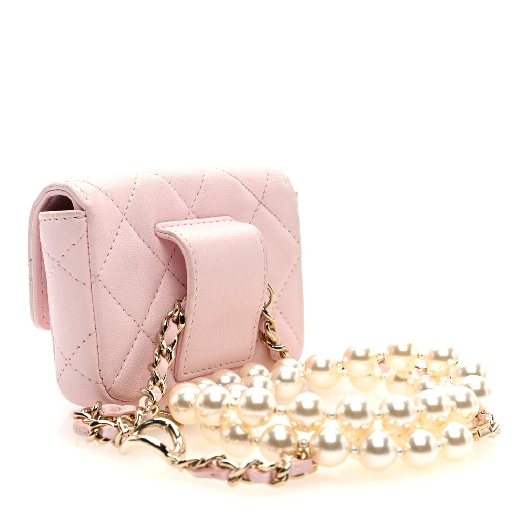 Lambskin Quilted Pearl Chain Belt Bag Light Pink