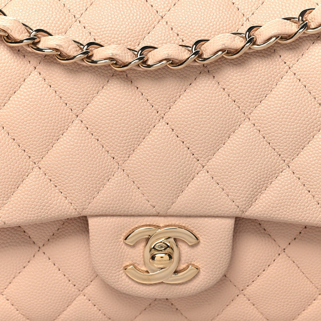 Caviar Quilted Medium Double Flap Light Beige