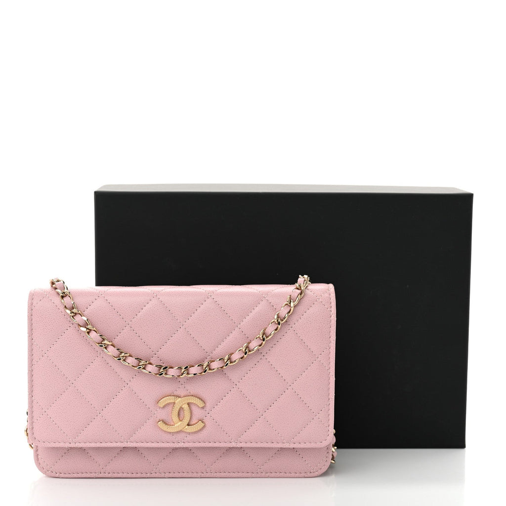 Caviar Quilted Studded CC Wallet on Chain WOC Light Pink