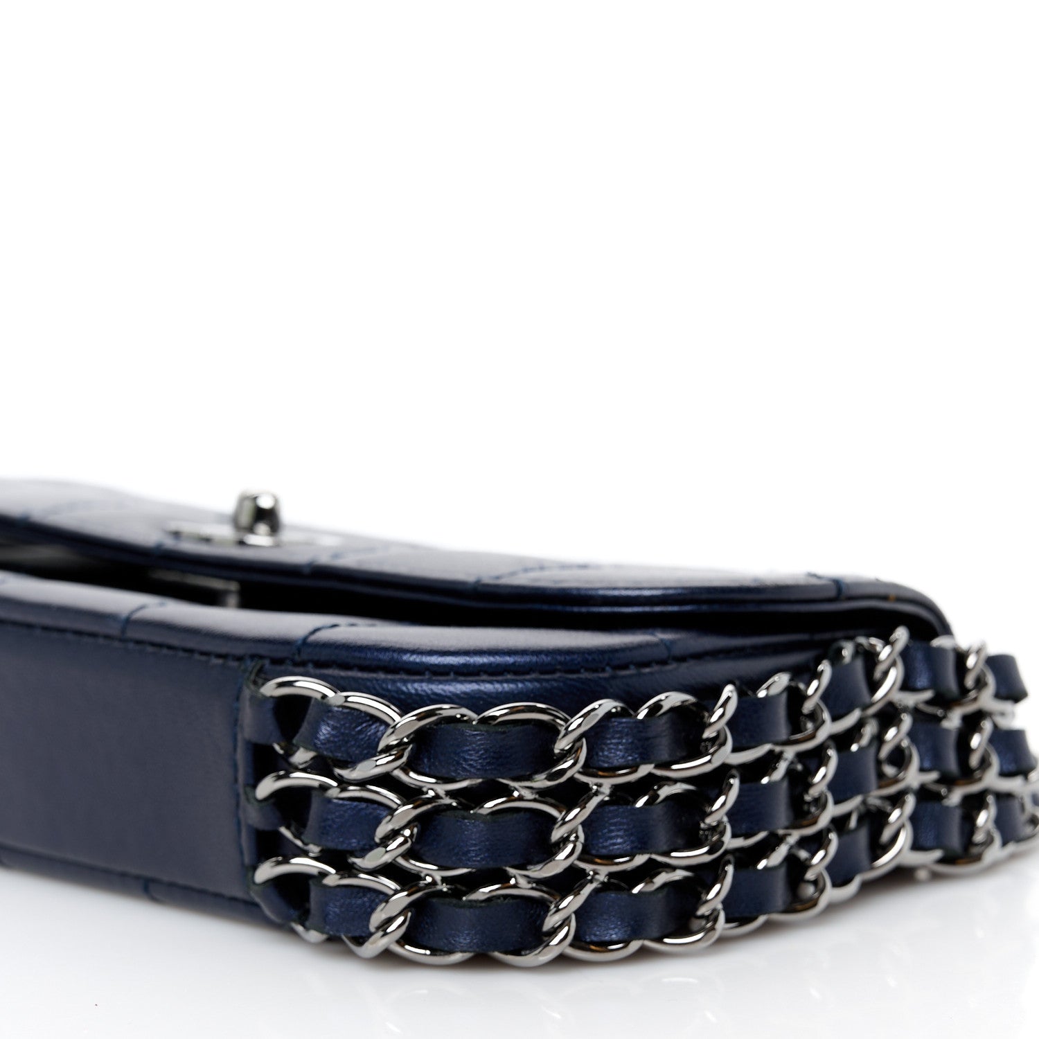 Lambskin Chocolate Bar Quilted 3 Chain Flap Navy Blue