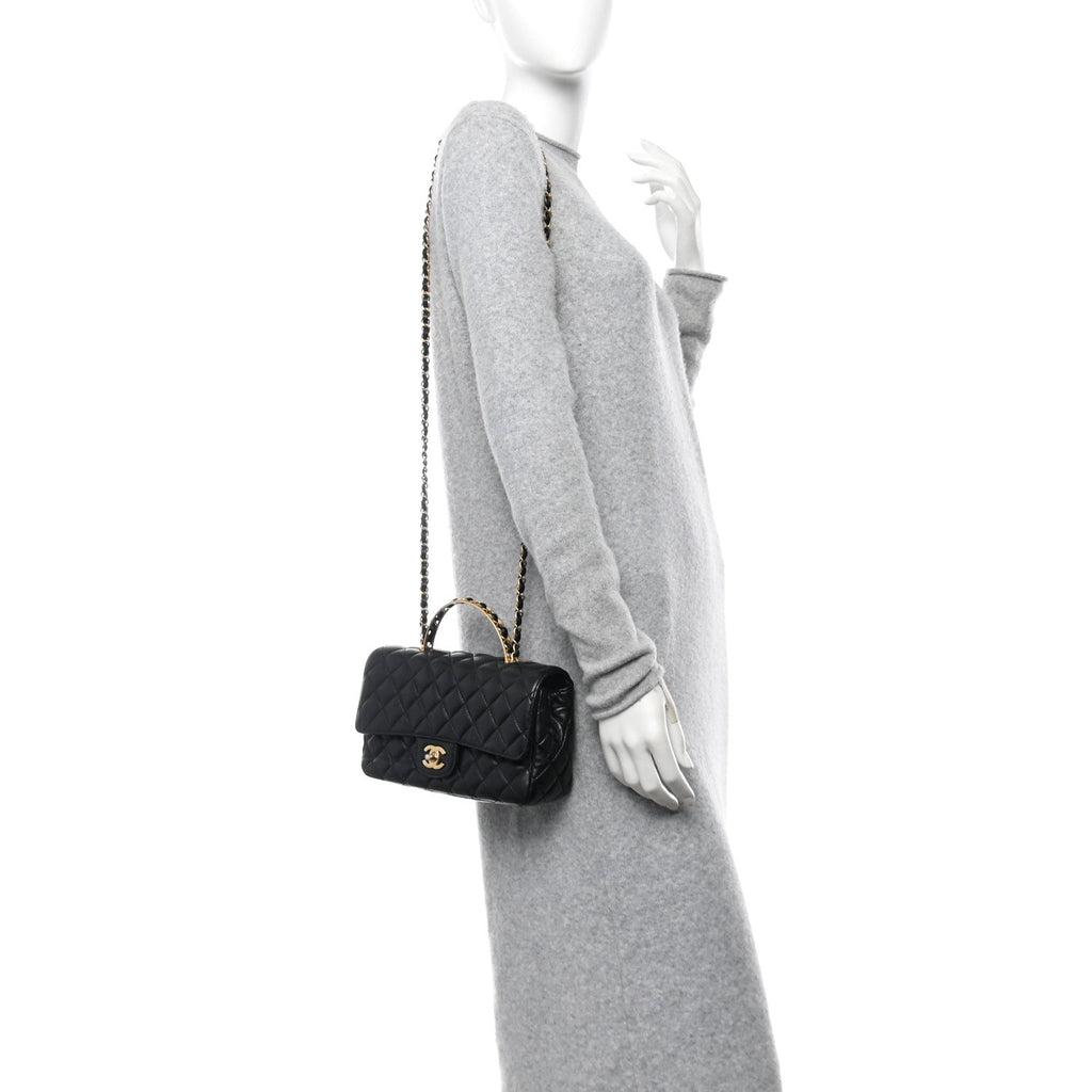Lambskin Quilted Small Metal Top Handle Flap Black