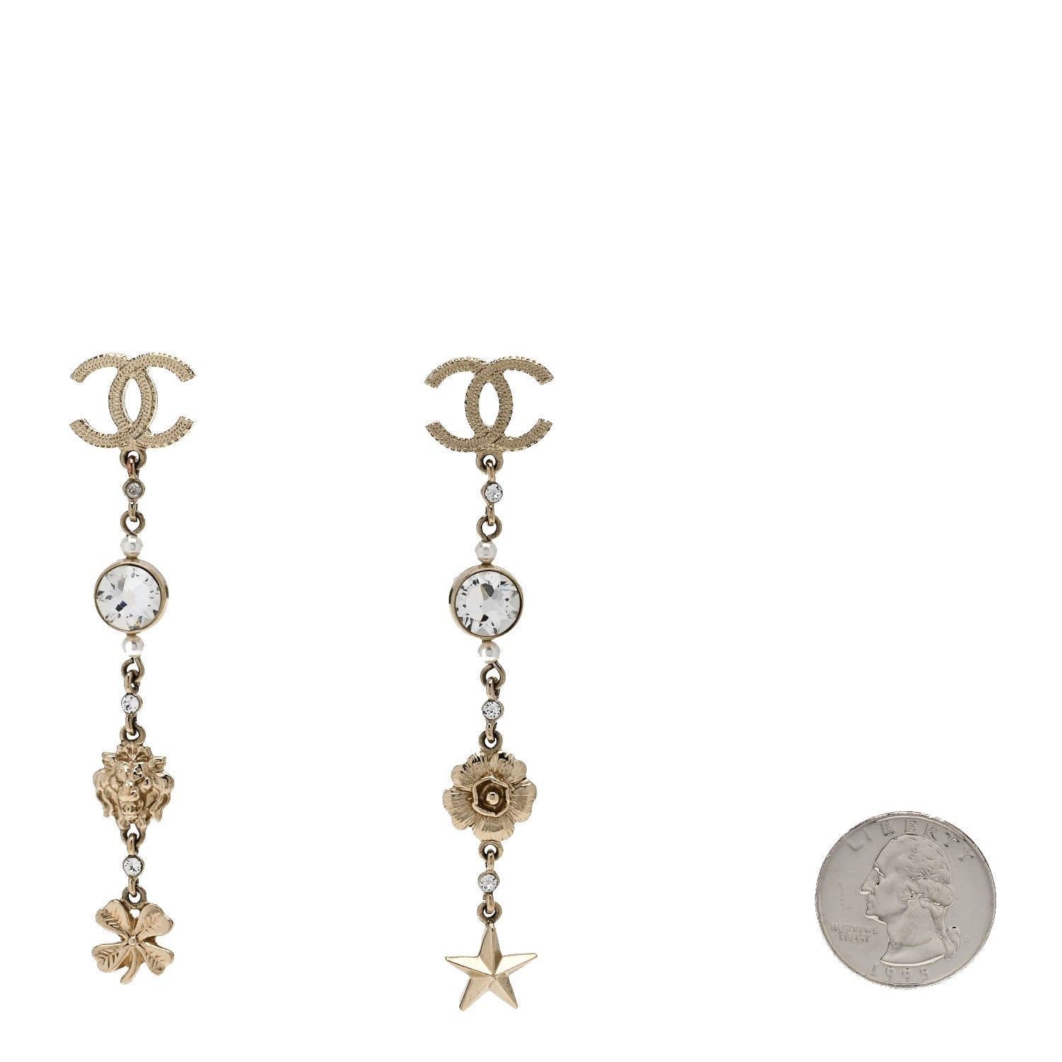 Crystal Pearl CC Charms Drop Earrings Gold