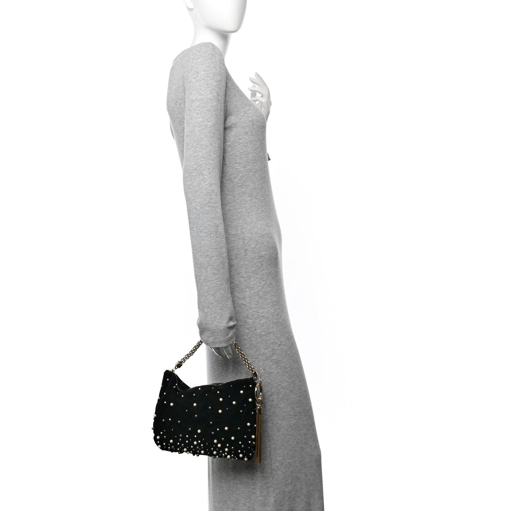Suede Pearl Embellished Callie Tassel Clutch Bag Black