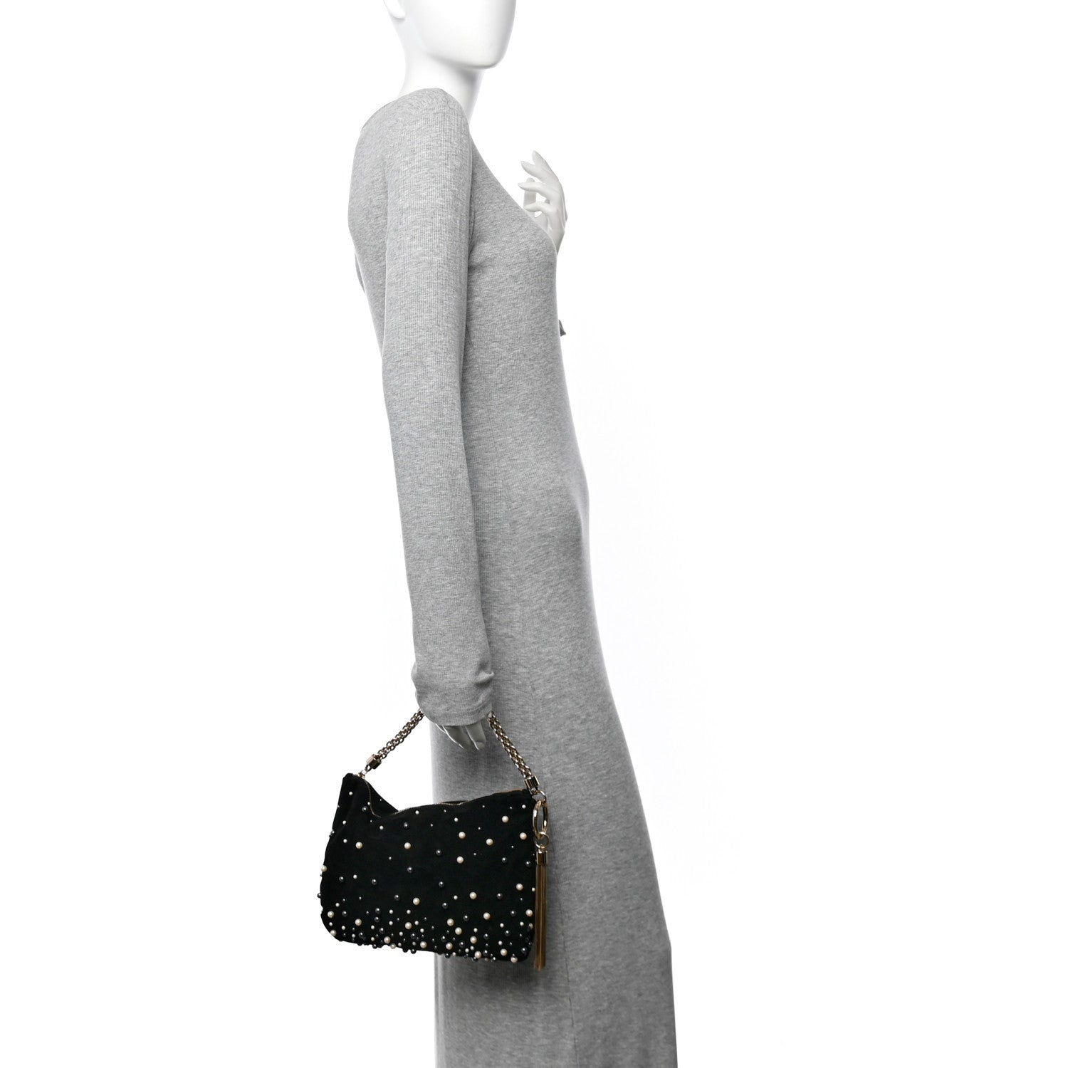 Suede Pearl Embellished Callie Tassel Clutch Bag Black