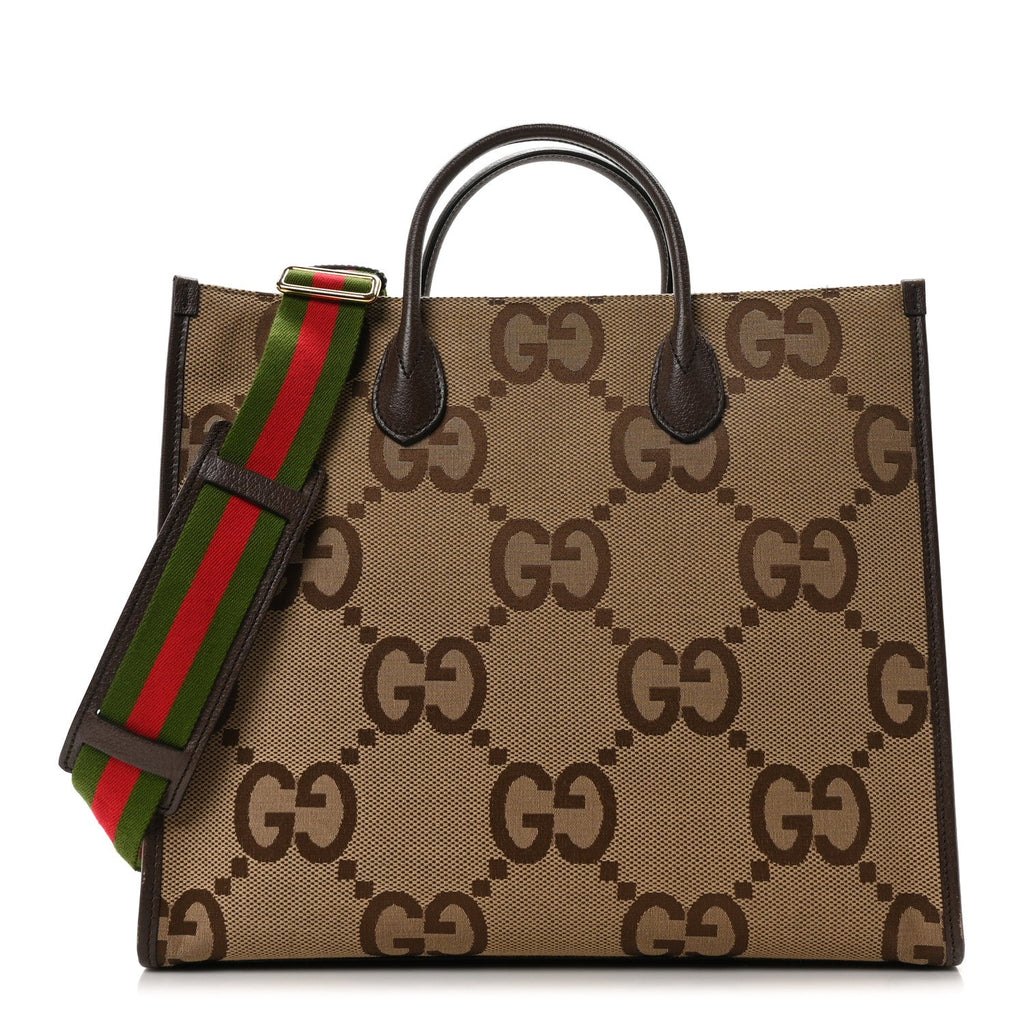 Monogram Jumbo GG Textured Dollar Calfskin Web Tote Bag Camel Ebony New Acero