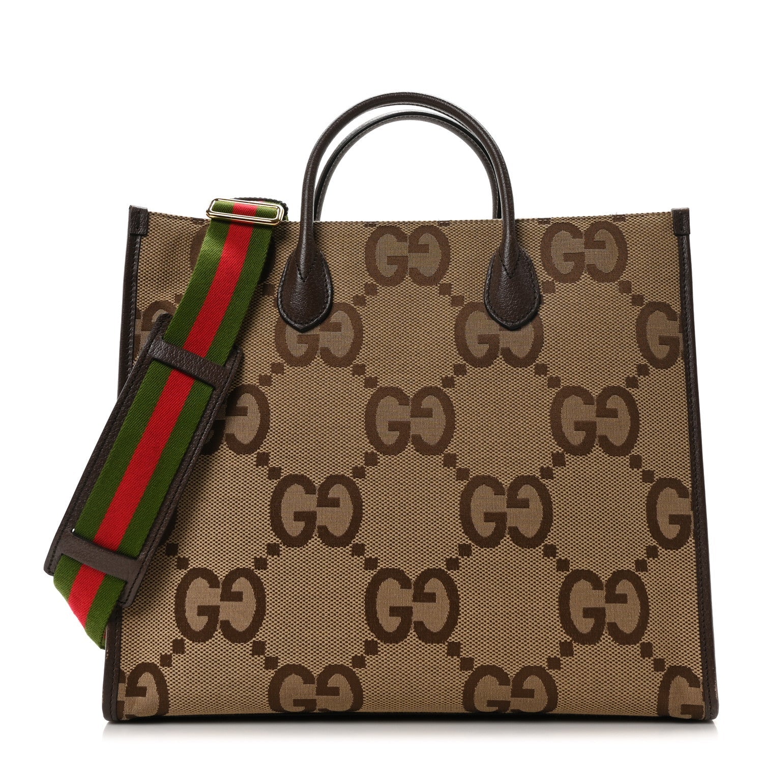 Monogram Jumbo GG Textured Dollar Calfskin Web Tote Bag Camel Ebony New Acero