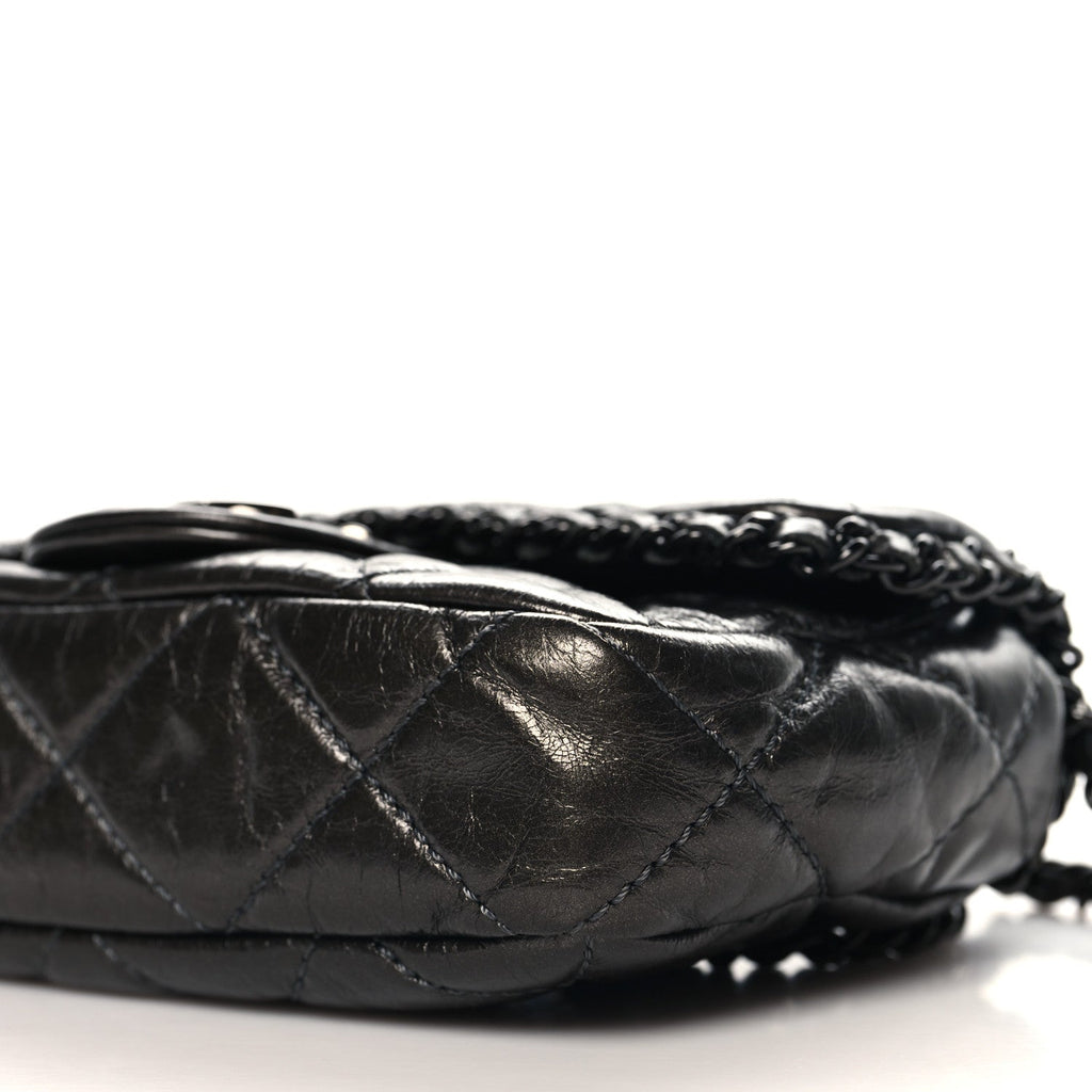 Metallic Aged Calfskin Mini Chain Me Flap Dark Grey