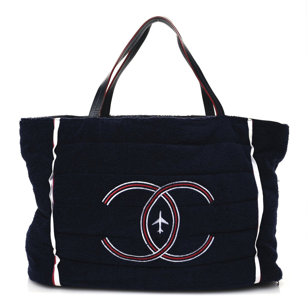 Nylon Terry Cloth Reversible Chanel Airlines Tote Silver Navy
