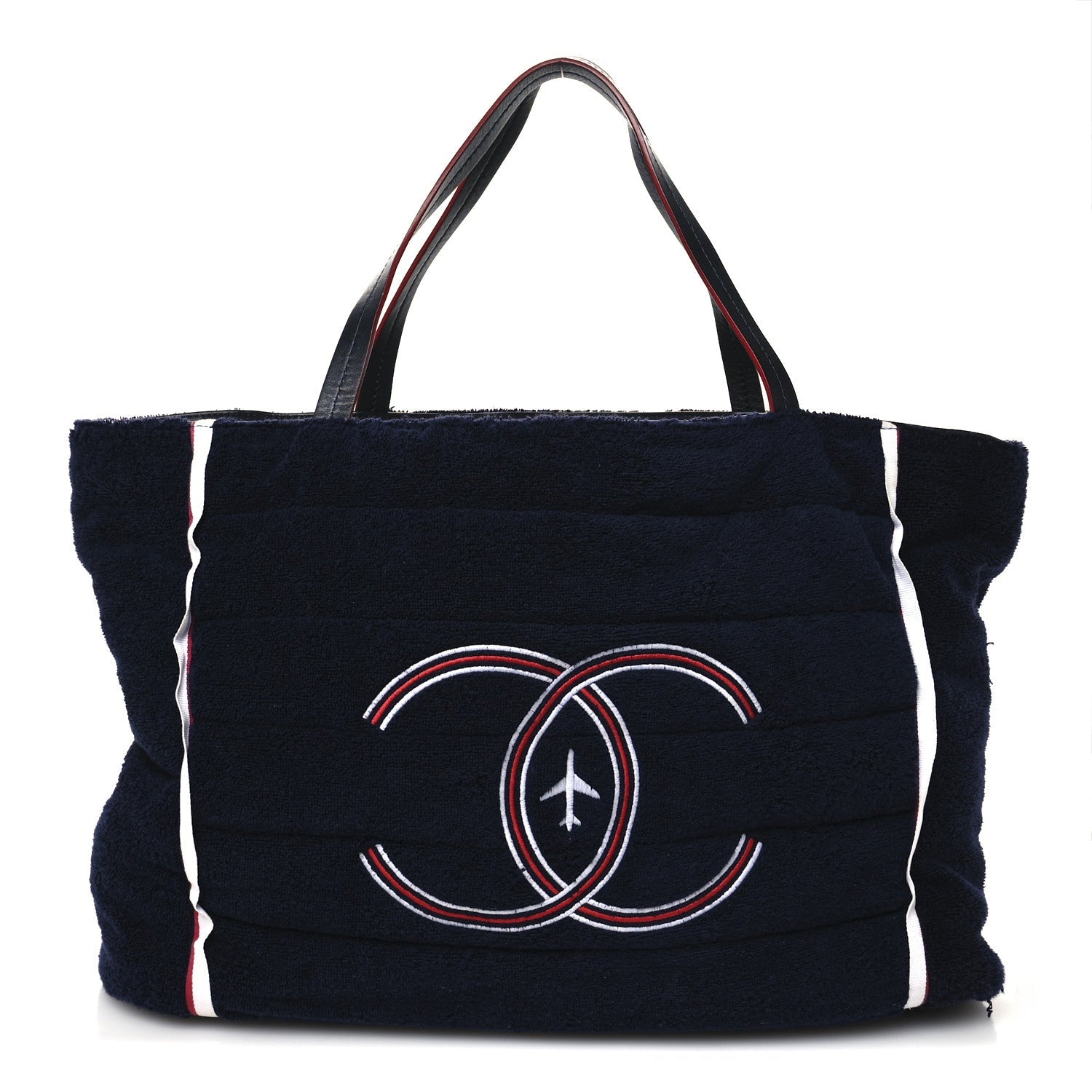 Nylon Terry Cloth Reversible Chanel Airlines Tote Silver Navy