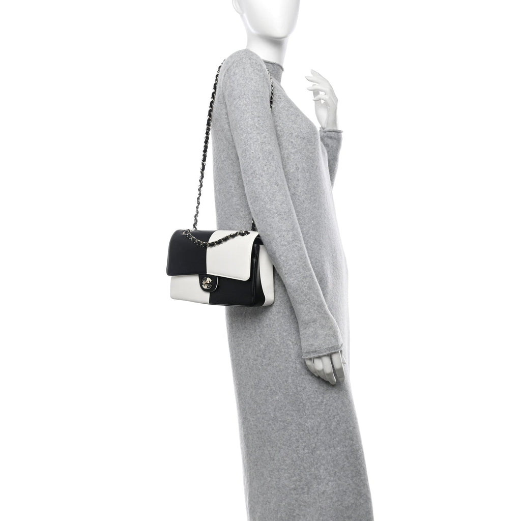 Lambskin Geometric Patchwork Medium Double Flap White Black