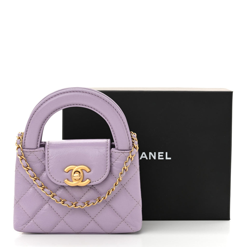 Shiny Aged Calfskin Quilted Mini Nano Kelly Shopper Lilac