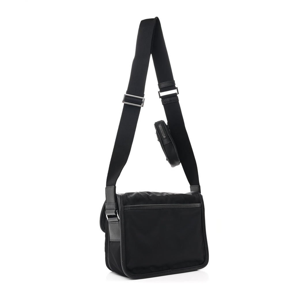 Re-Nylon Saffiano Pocket Double Snap Buckle Shoulder Bag Black
