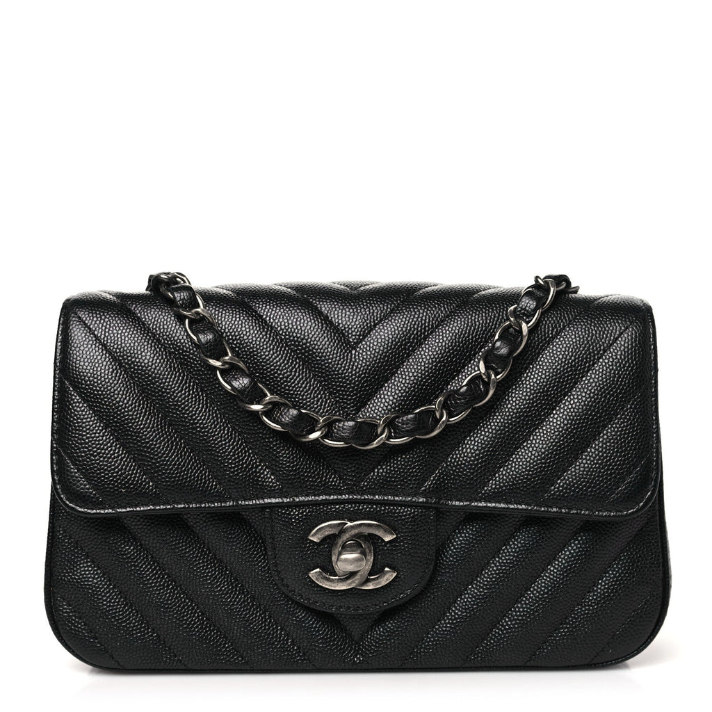 Metallic Caviar Chevron Quilted Mini Rectangular Flap Black