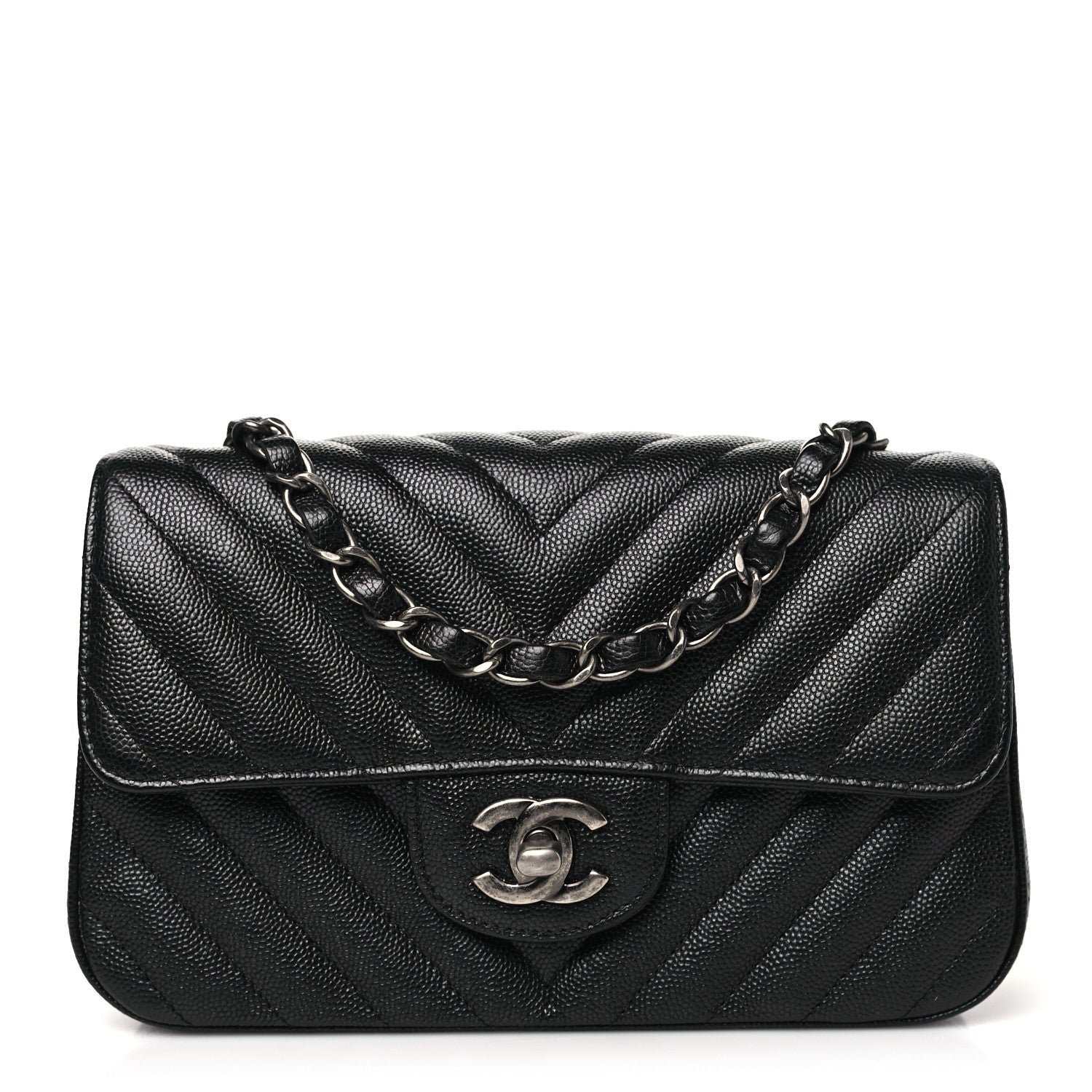 Metallic Caviar Chevron Quilted Mini Rectangular Flap Black
