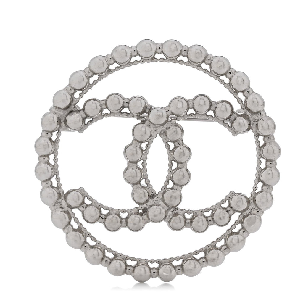 Metal Bead CC Round Brooch Silver