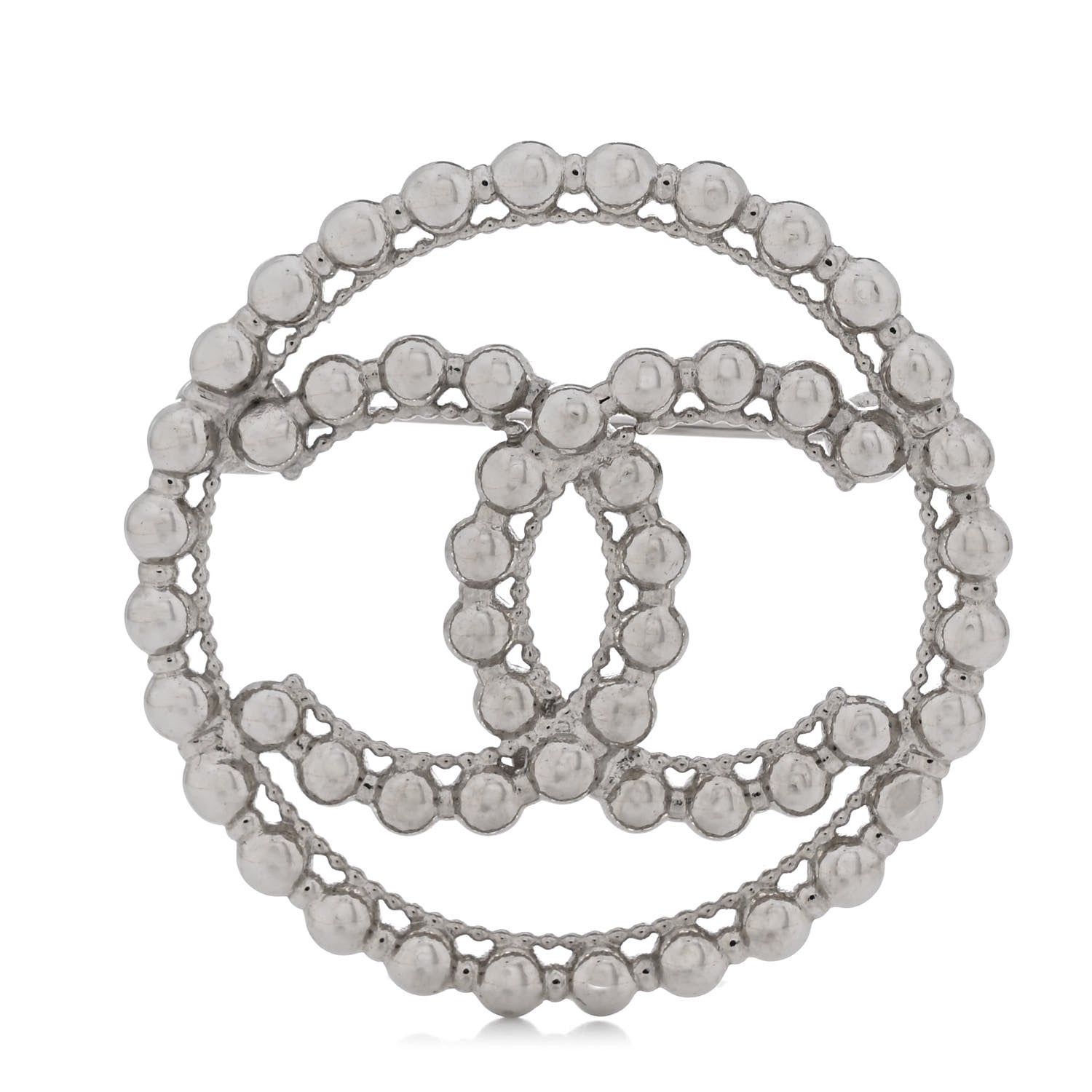 Metal Bead CC Round Brooch Silver