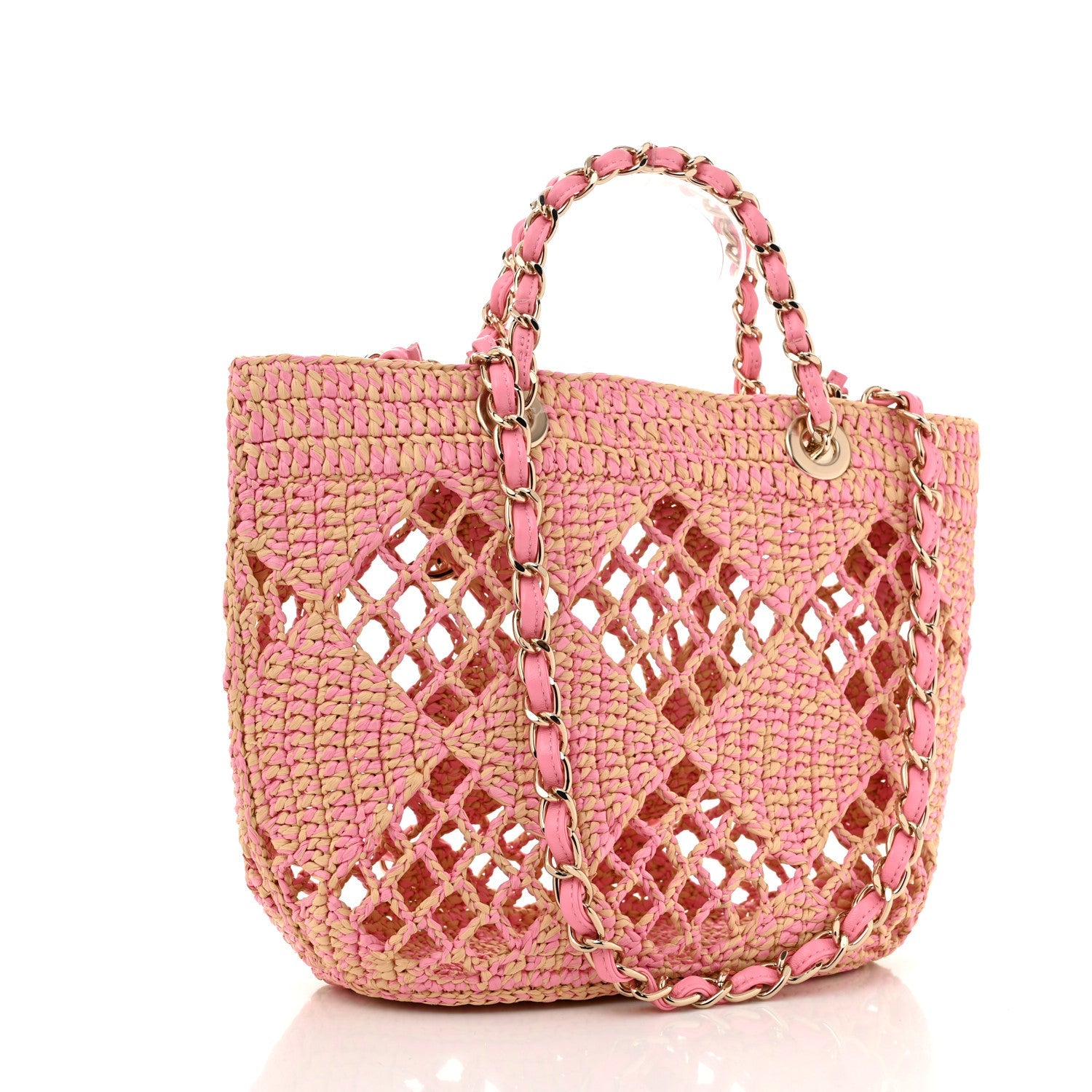 Raffia Effect Braided Small Shopping Bag Beige Pink