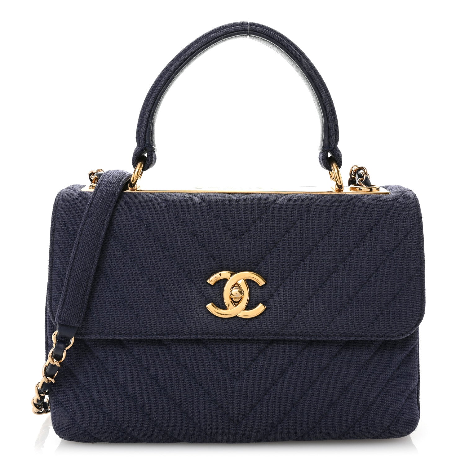 Jersey Chevron Quilted Small Trendy CC Dual Handle Flap Bag Navy Blue