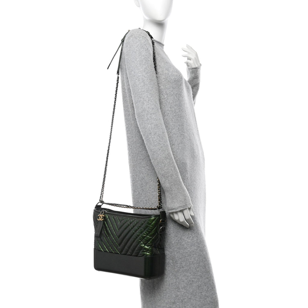 Metallic Aged Calfskin Chevron Quilted Medium Gabrielle Hobo Green