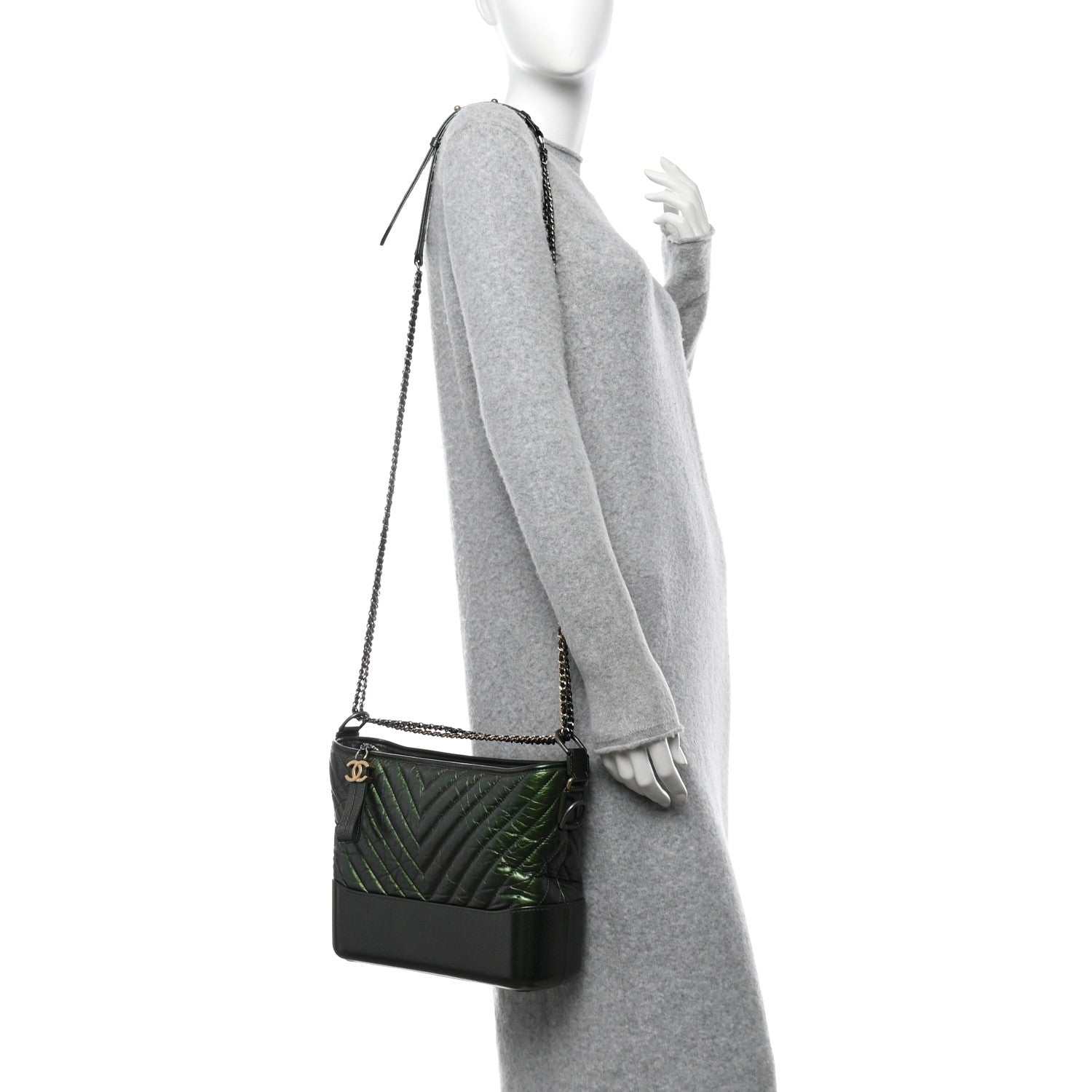 Metallic Aged Calfskin Chevron Quilted Medium Gabrielle Hobo Green