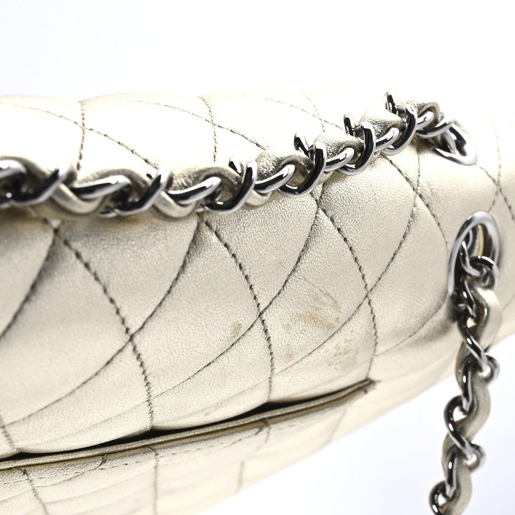 Metallic Lambskin Quilted Medium Double Flap Pale Gold