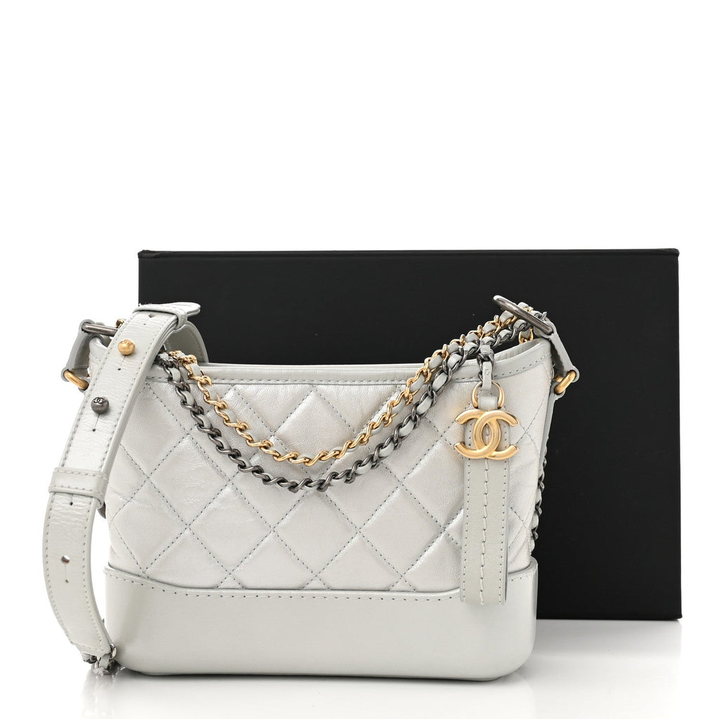 Metallic Aged Calfskin Quilted Small Gabrielle Hobo Light Silver