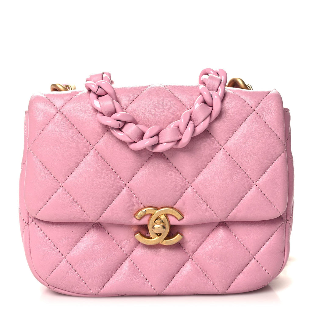 Lambskin Quilted Mini Lacquered Chain Flap Pink