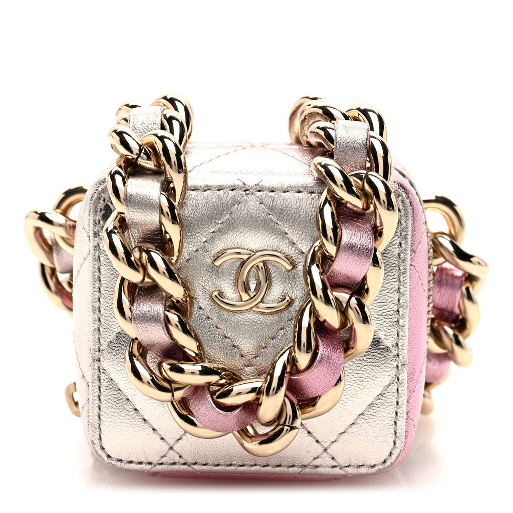 Gradient Metallic Lambskin Quilted Like A Wallet Clutch With Chain Gold Pink