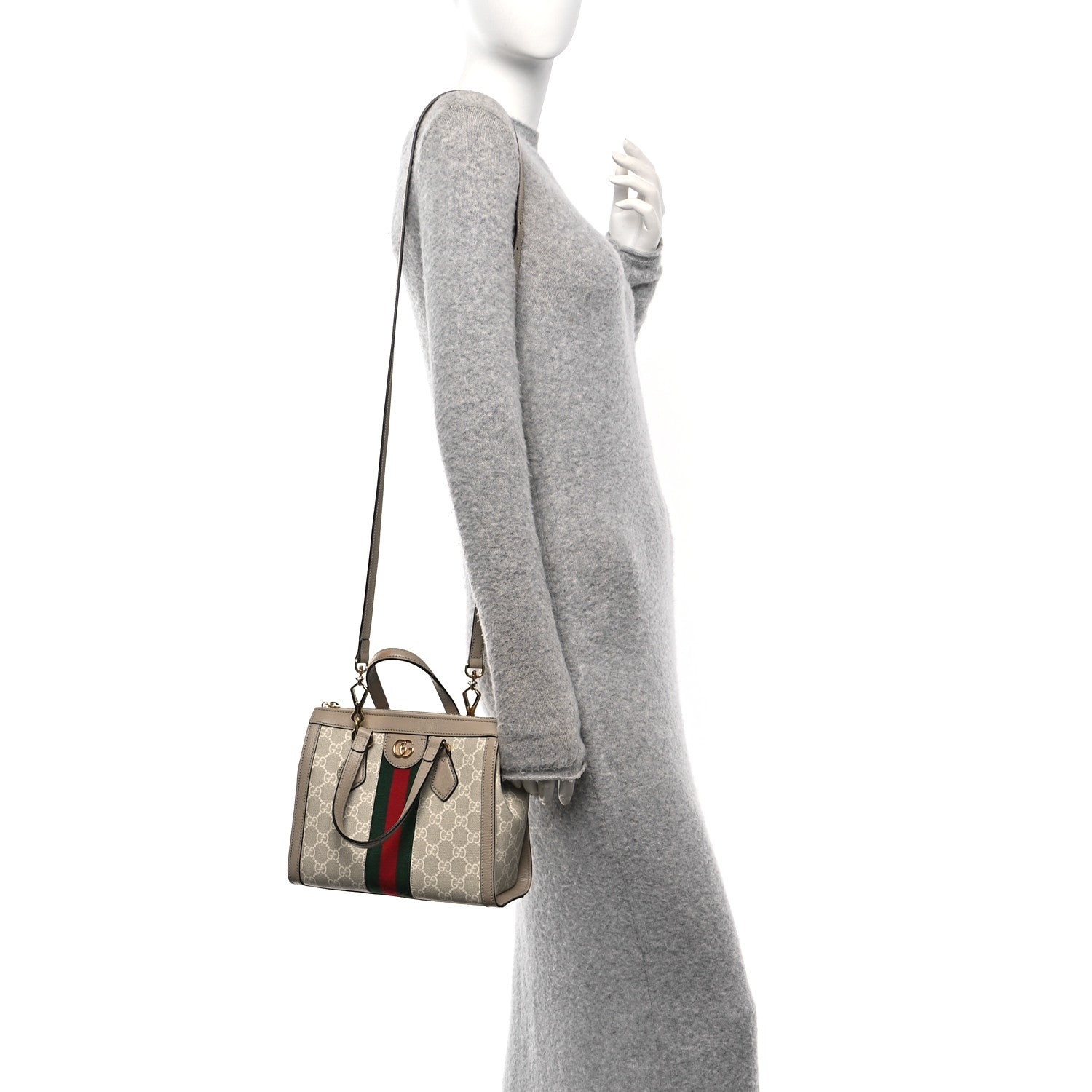 GG Supreme Monogram Textured Dollar Calfskin Web Small Ophidia Tote Bag Beige Mystic White Oatmeal