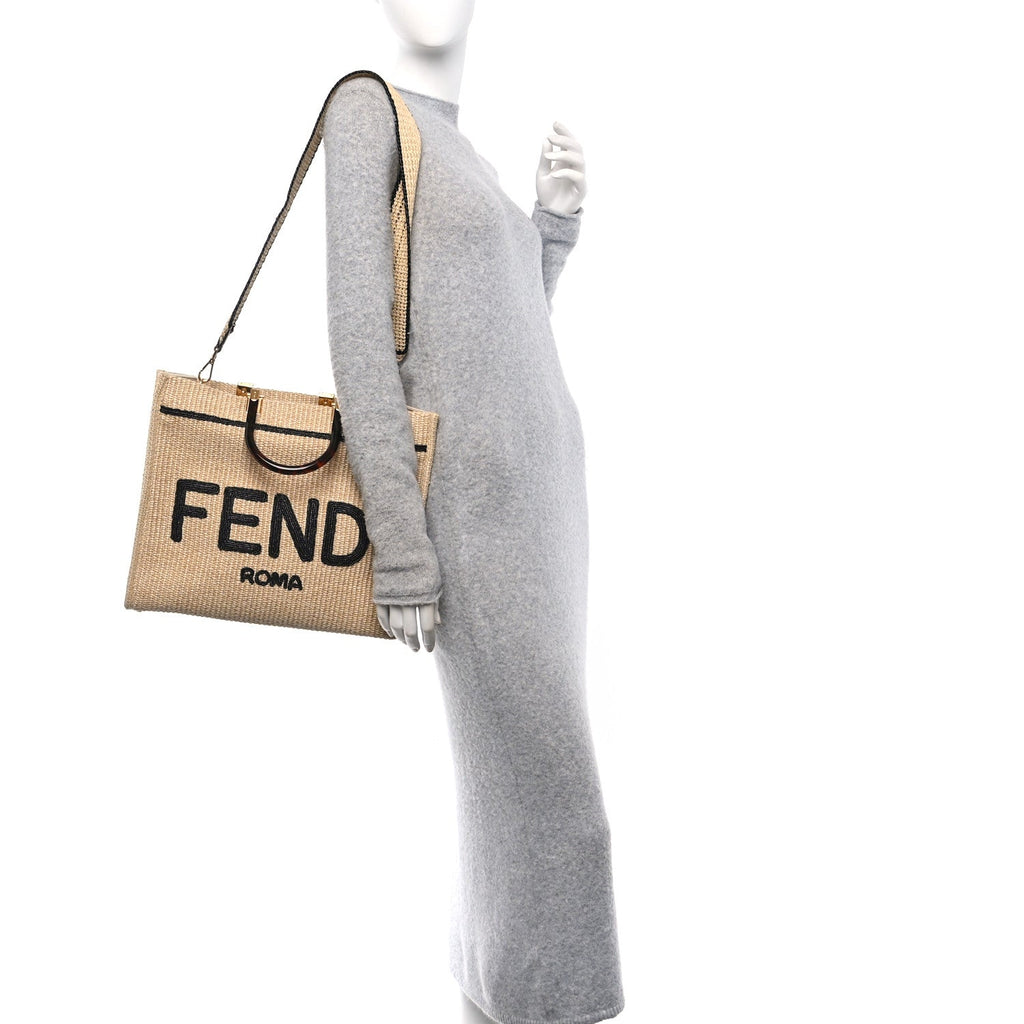 Straw Vitello King Plexiglass Woven Medium Fendi Sunshine Shopper Tote Natural Black