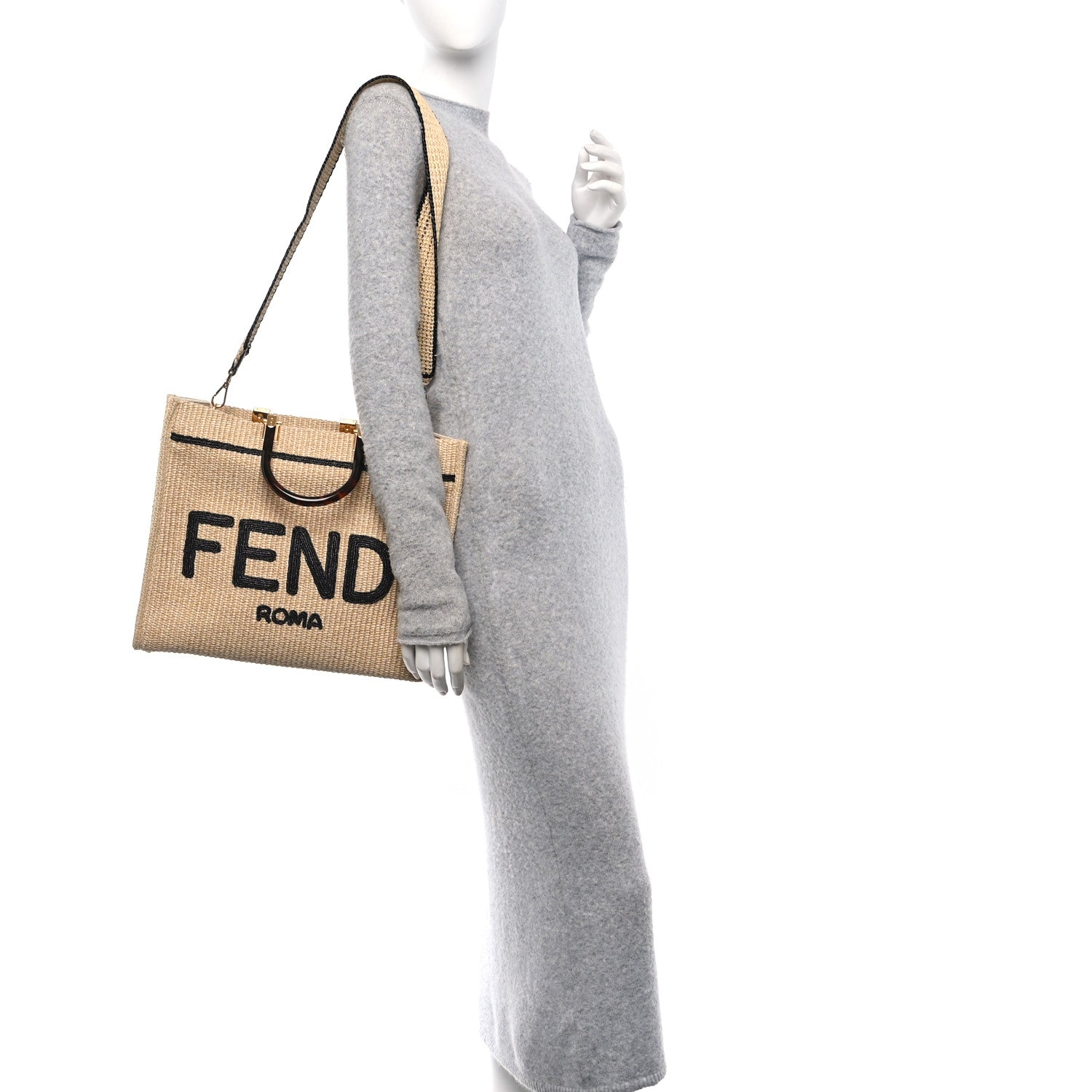 Straw Vitello King Plexiglass Woven Medium Fendi Sunshine Shopper Tote Natural Black