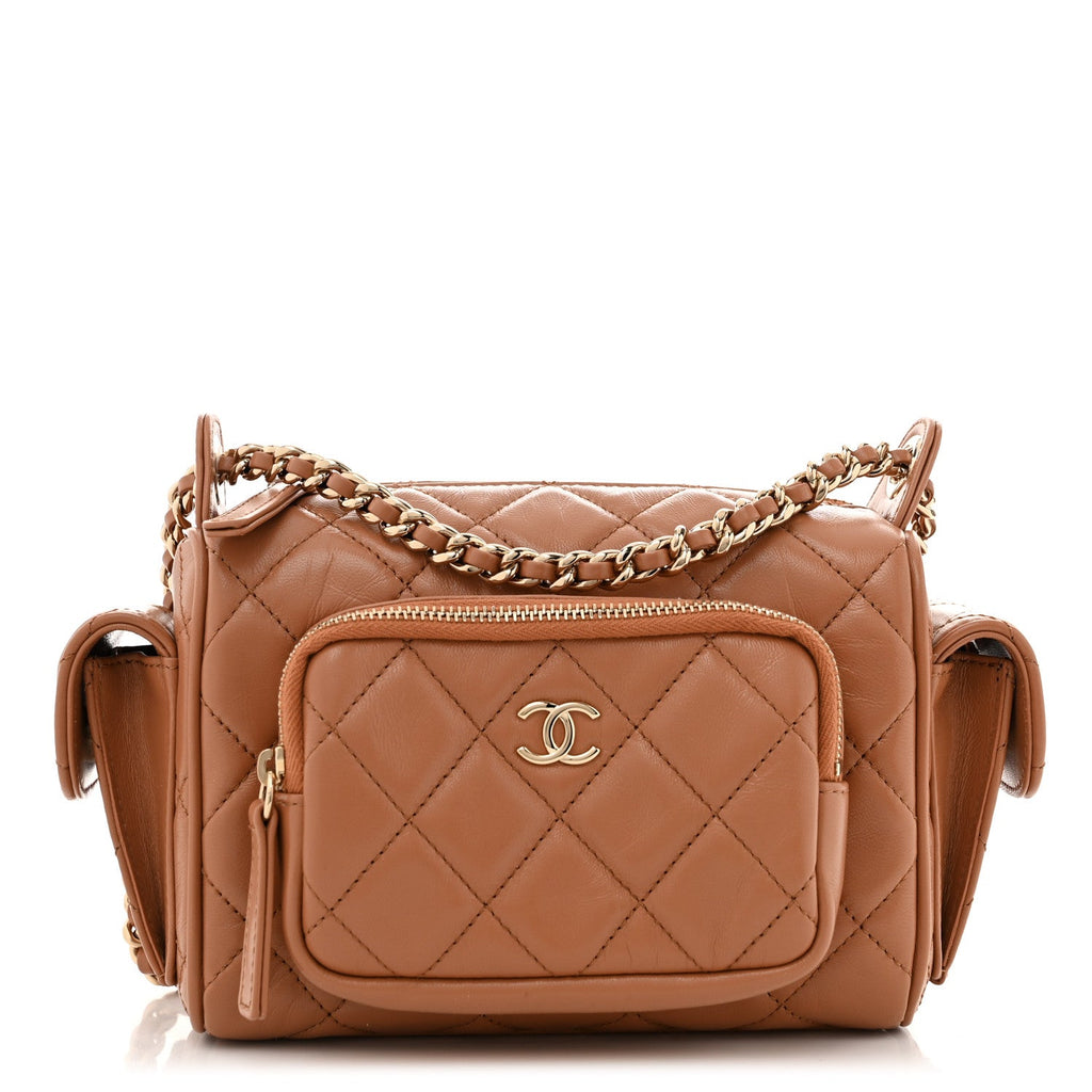 Shiny Crumpled Lambskin Quilted Small Preppy Pocket Camera Case Brown