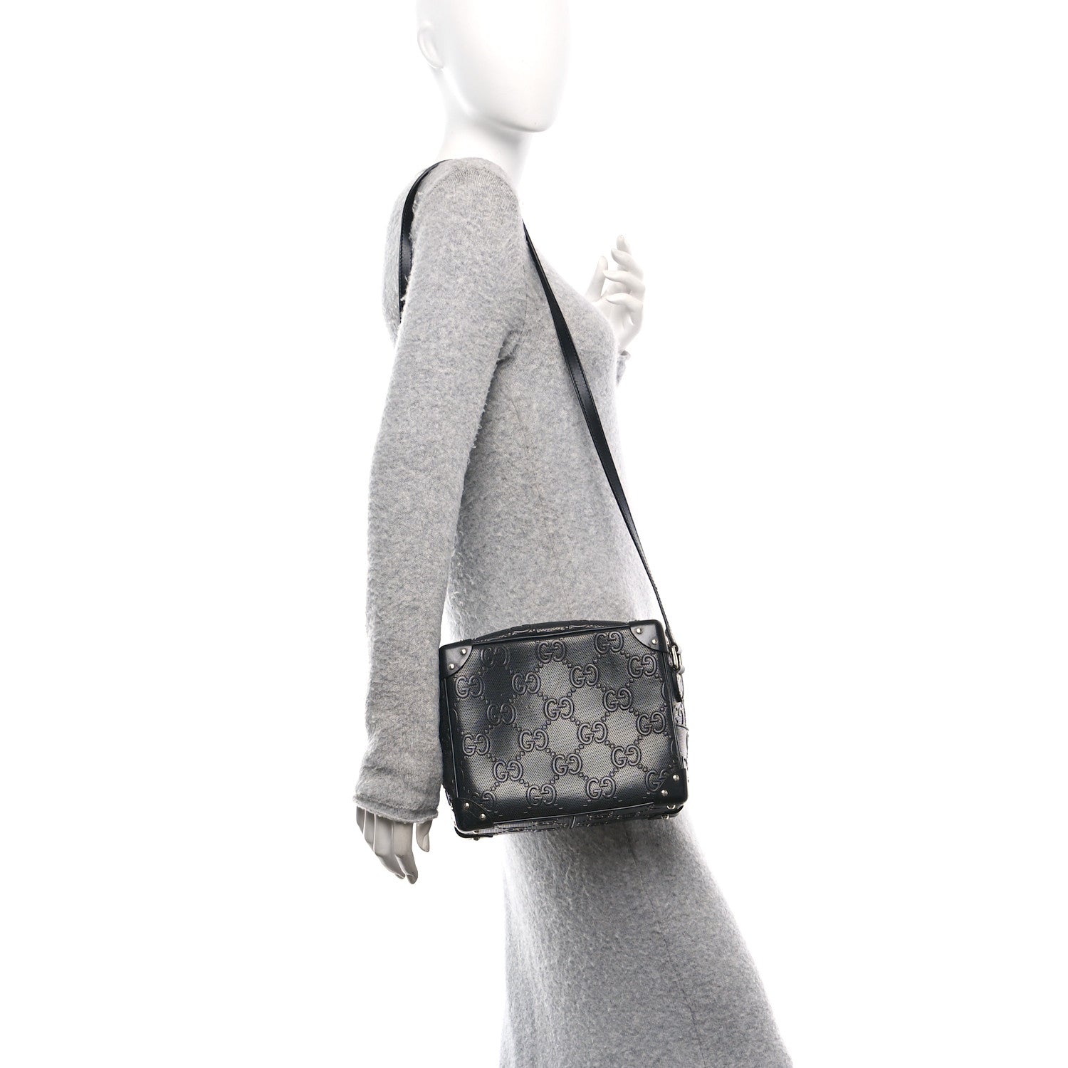 Calfskin GG Tennis Embossed Square Messenger Bag Black