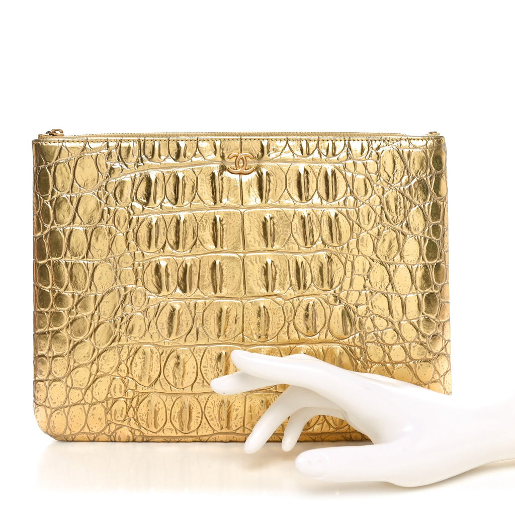 Metallic Crocodile Calfskin Embossed Medium Cocodile Cosmetic Case Gold