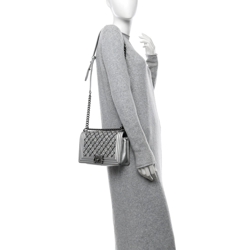 Metallic Lambskin Embellished Medium Boy Flap Silver