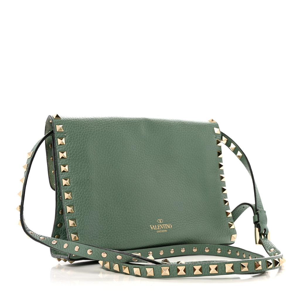 Pebbled Calfskin Medium Rockstud Flip Lock Crossbody Bag Light Green