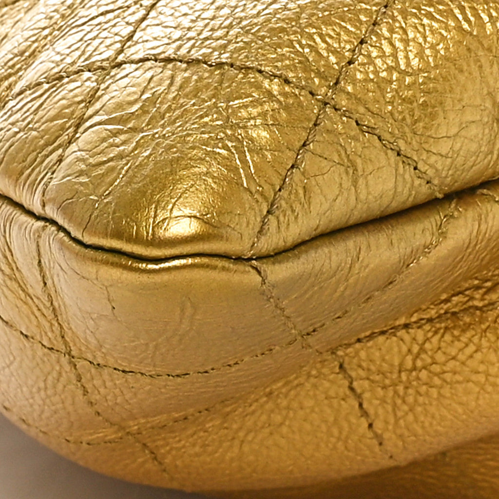 Metallic Calfskin Quilted Small Drawstring Bag Gold