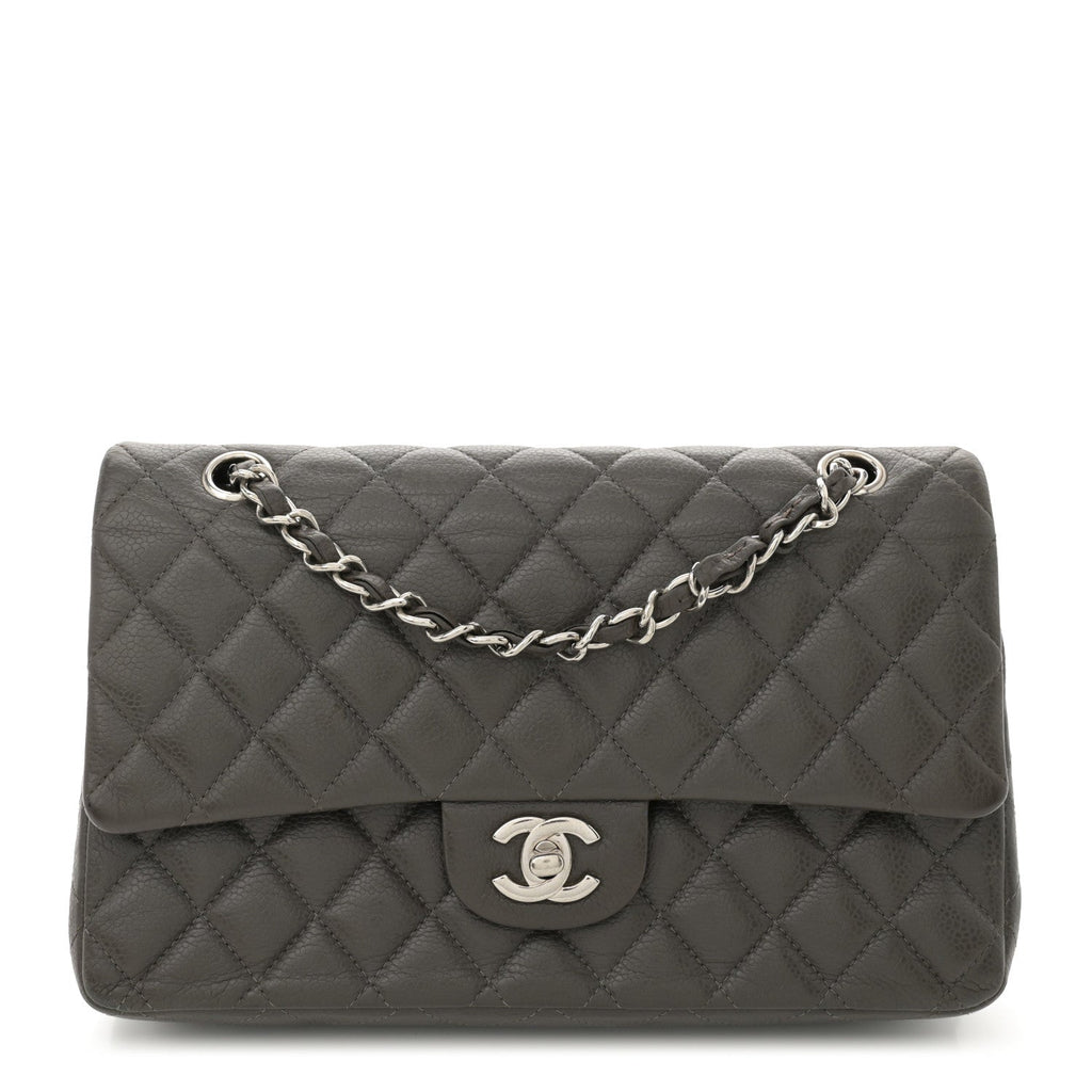 Caviar Quilted Medium Double Flap Dark Grey