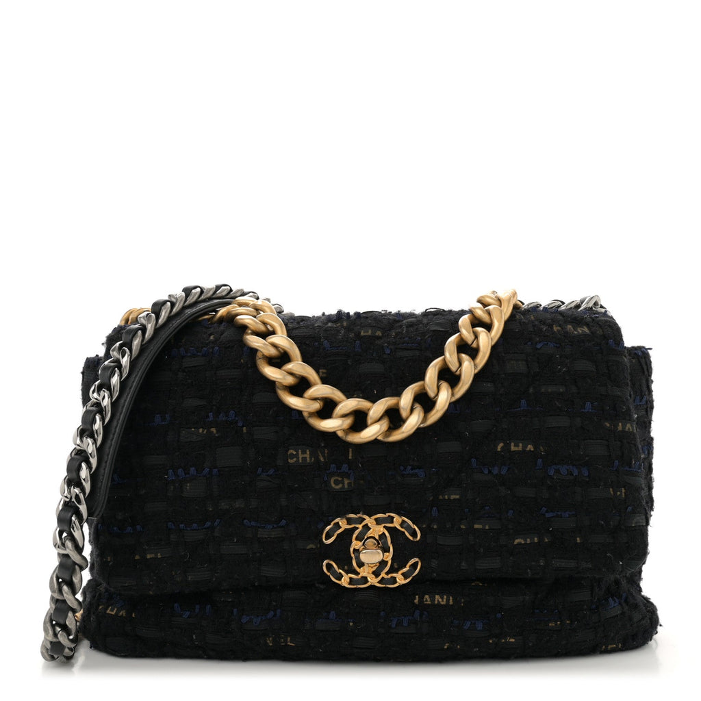 Tweed Quilted Large Chanel 19 Flap Black Navy Gold