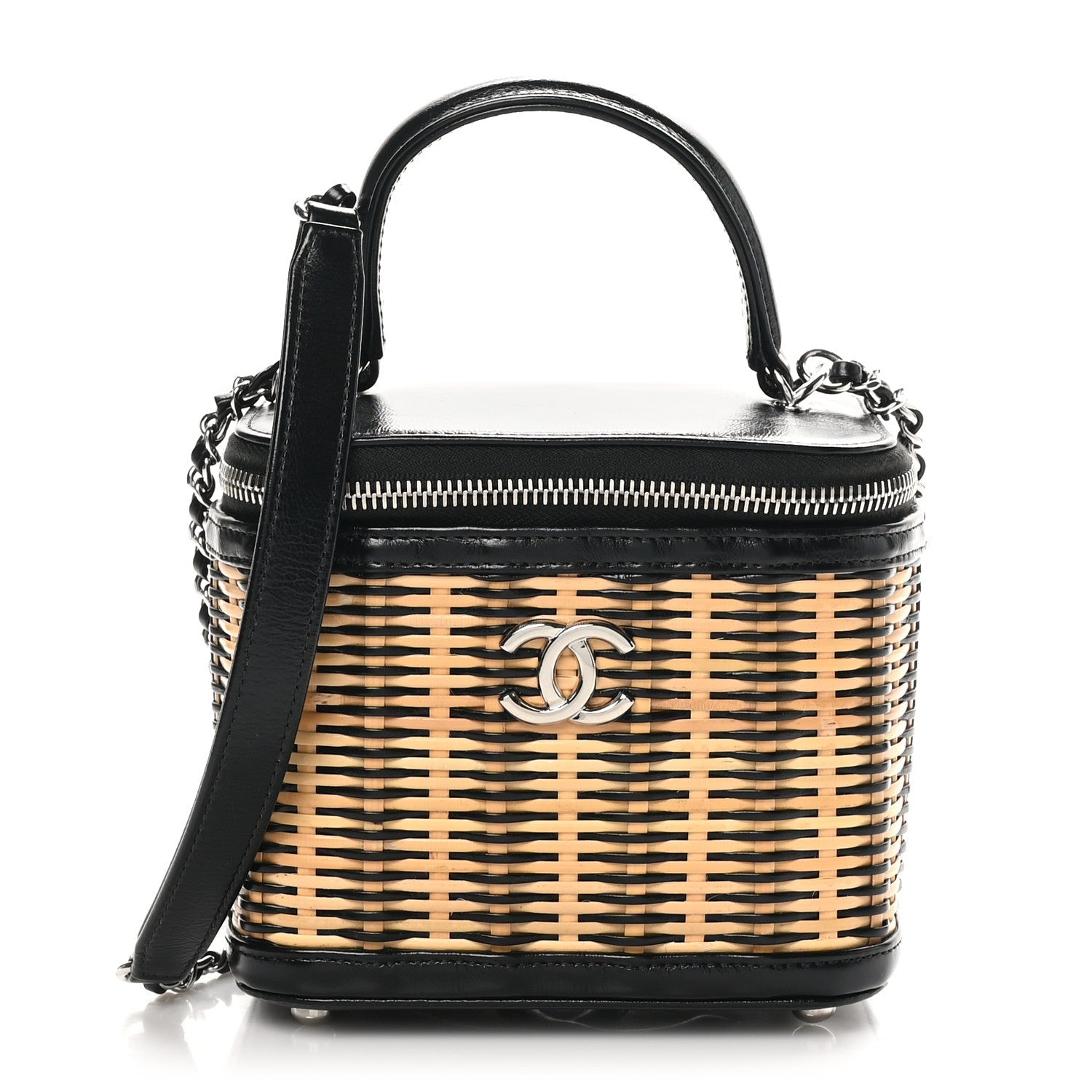 Calfskin Raffia Small Vanity Case Bag Black Beige