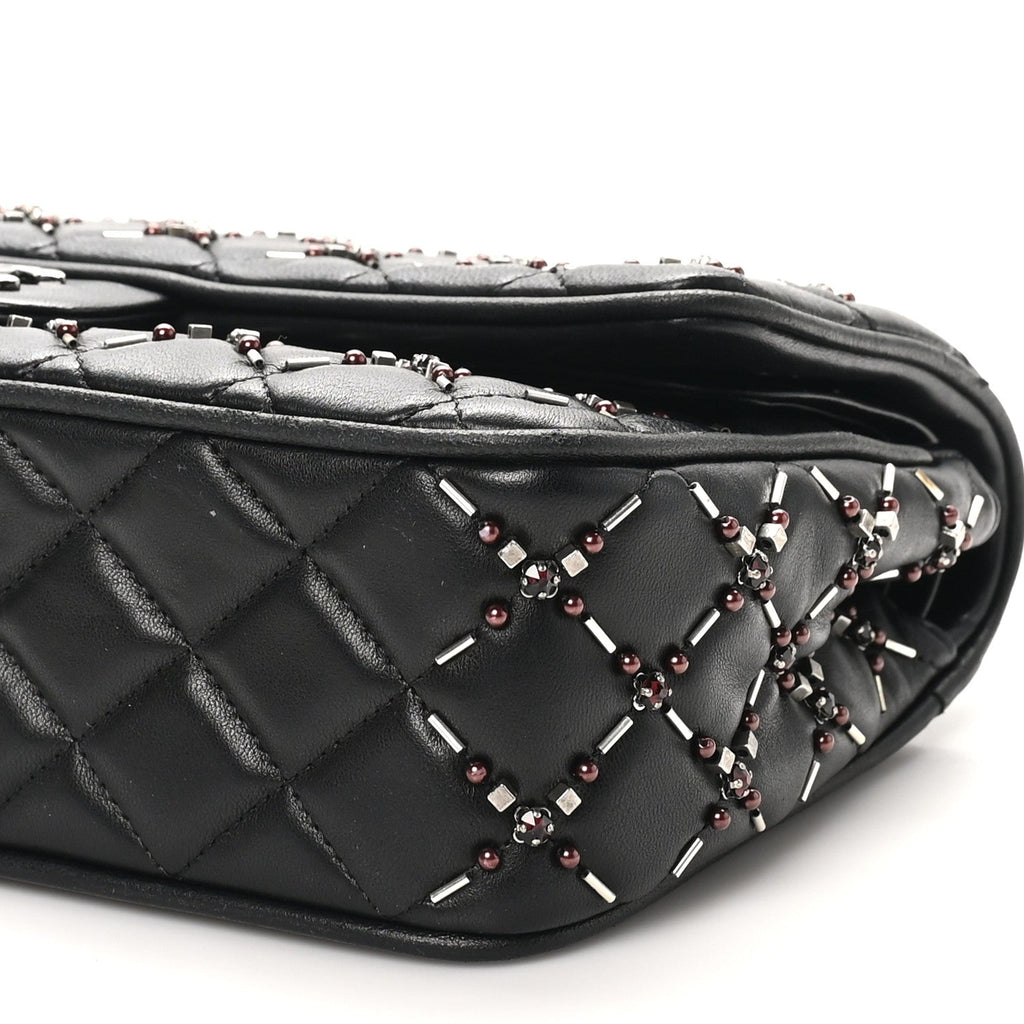 Lambskin Quilted Beaded Medium Double Flap Black