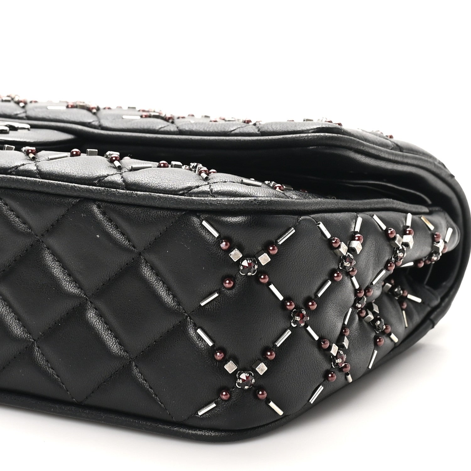 Lambskin Quilted Beaded Medium Double Flap Black