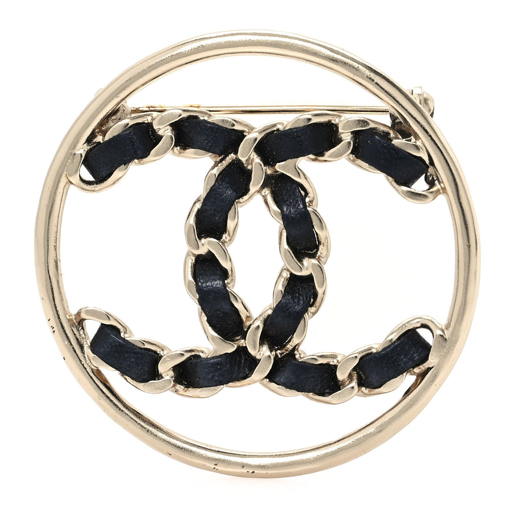 Lambskin Chain CC Round Brooch Black Gold