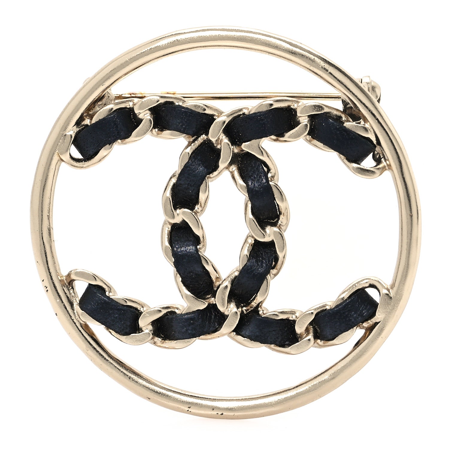 Lambskin Chain CC Round Brooch Black Gold