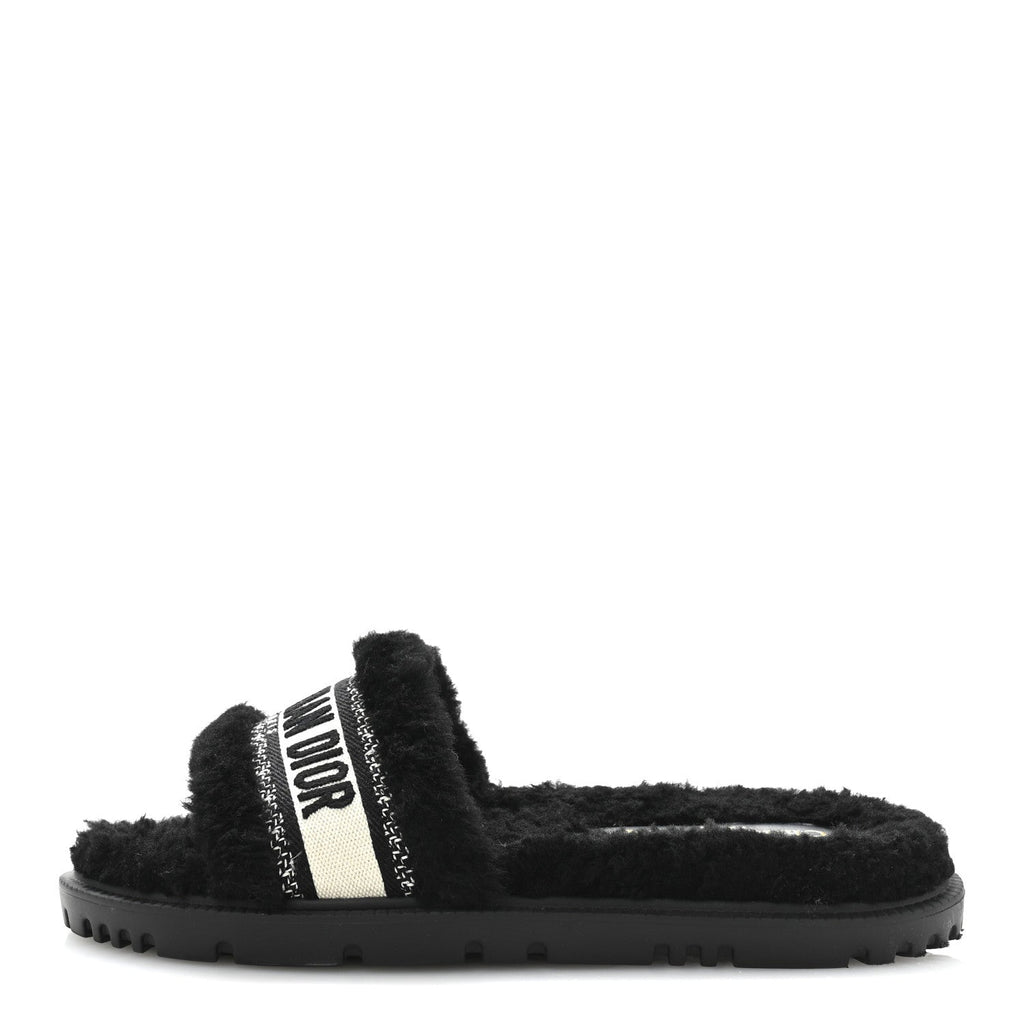 Shearling Canvas Lurex Embroidered Dway 10mm Slide Sandals 40 Black Natural