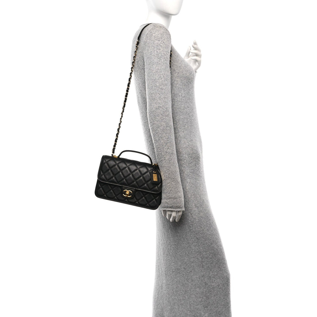 Caviar Quilted School Memory Small Top Handle Flap Black