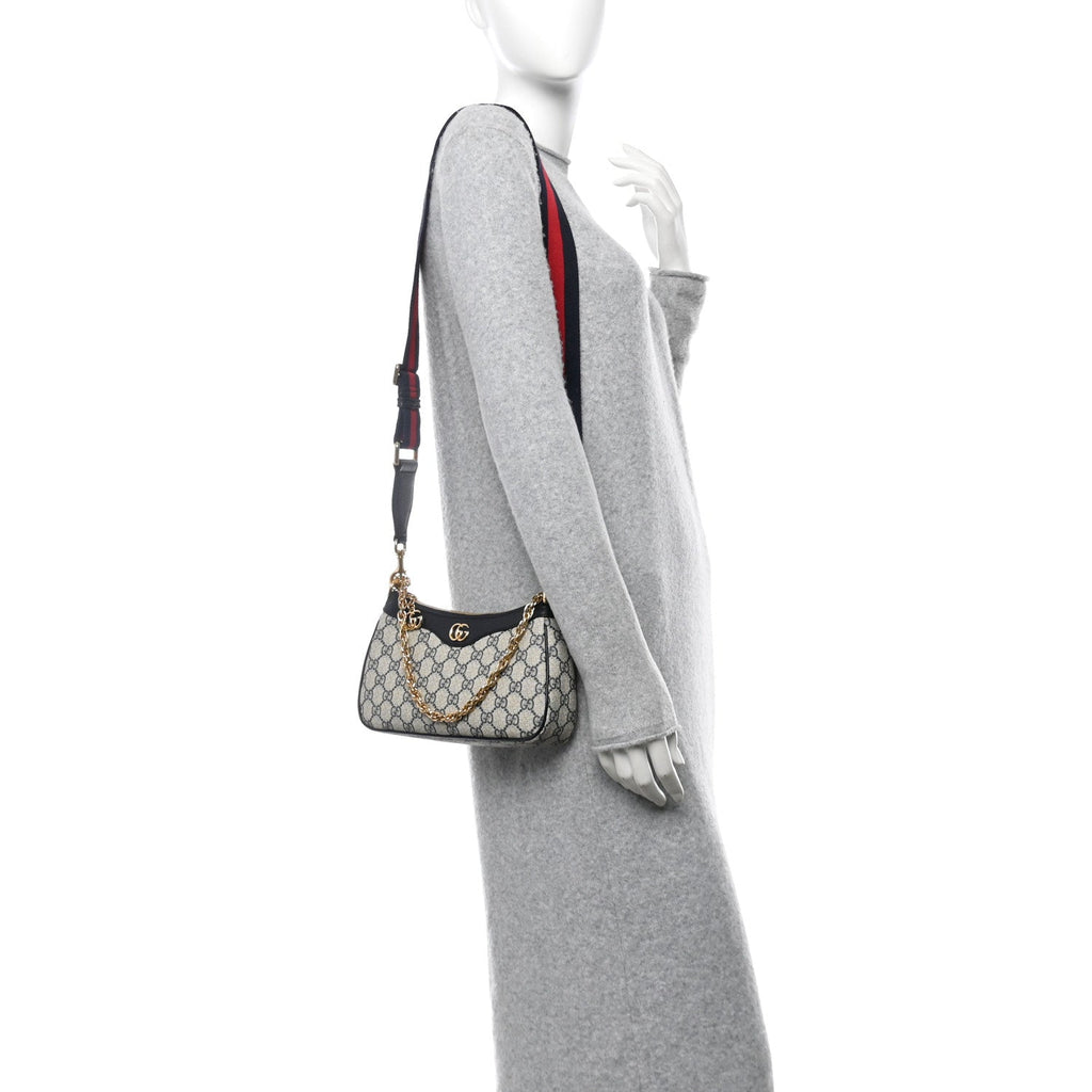 GG Supreme Monogram Textured Dollar Calfskin Web Small Ophidia GG Handbag Beige Blue